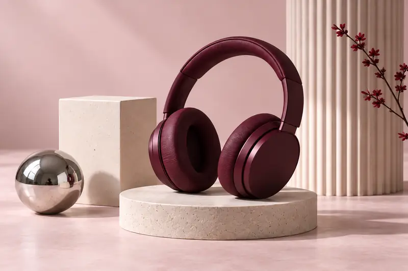 Illustrative burgundy headphones on a stone pedestal in a blush studio